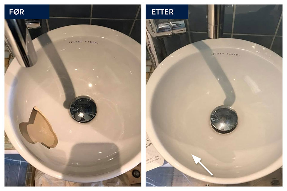 Reparasjon av baderomsvask – før og etter bilde som viser skadet servant med avskalling og ferdig reparert vask uten synlige skader.