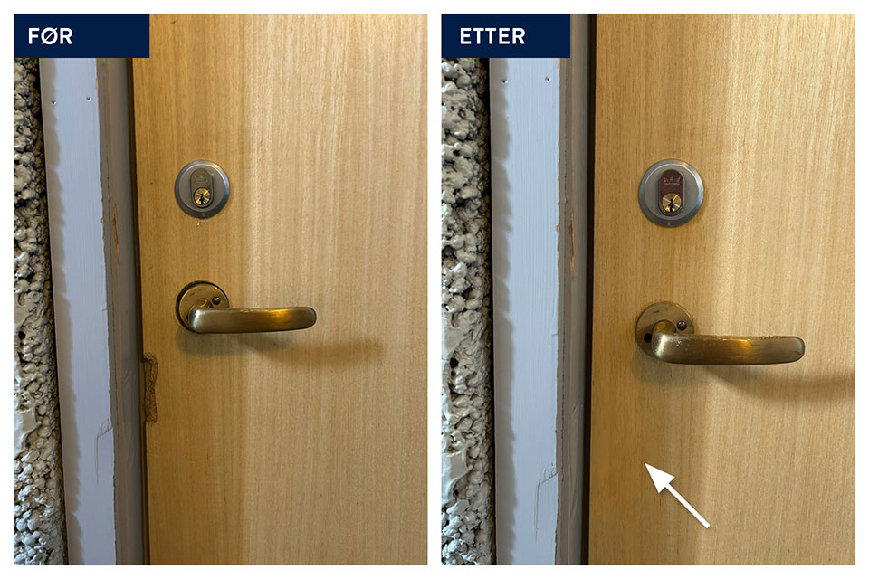 Reparasjon av tredør – før og etter bilde som viser skadet dørblad ved håndtak som er reparert og fremstår hel og pen.