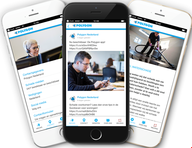 Screenshot Polygon app - verschillende mogleijkheden om makkelijk en snel contact op te nemen