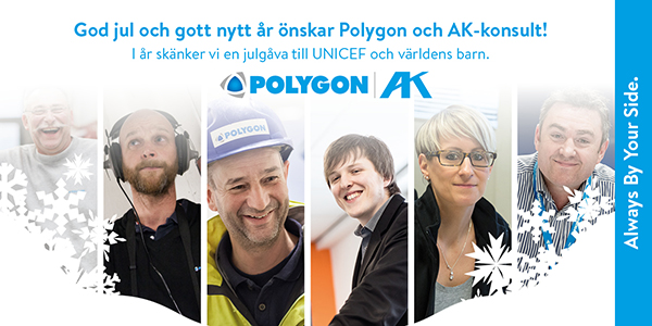 Julen 2016 skänker Polygon och AK-konsult en julgåva till UNICEF. Bild på julhälsning 2016 med uppgift om att vi skänker en julgåva till UNICEF.