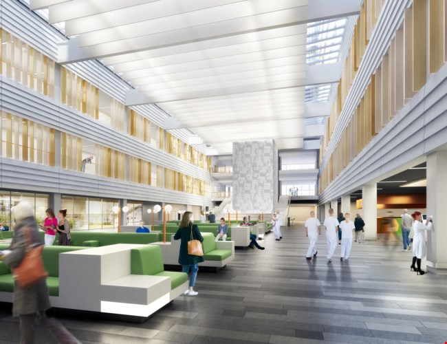 Det byggs nu flera nya sjukhus i Storstockholm, vilket innebär väldiga byggnader på tusentals kvadratmeter och enorma hygienkrav att beakta ur fukt- och miljösynpunkt. Vi är involverade i ett flertal av dessa nybyggnationer i olika skeden beroende på uppdraget; fuktsakkunnig i projektering, fuktsäkerhetsansvarig i produktion samt miljö- och miljöbyggnadssamordning genom hela projektet.

NKS entre Illustration White Tengbom Team