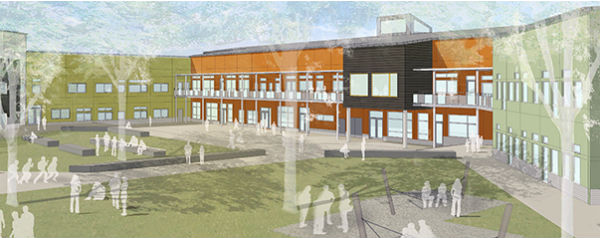 Arkitektritad bild på Pär Lagerkvist skola i Växjö där Peab och Polygon och AK-konsult samarbetade. Arkitektritad bild på Pär Lagerkvist skola i Växjö.